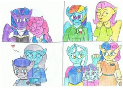 Size: 2338x1700 | Tagged: safe, artist:kivaholotitan, bon bon, fluttershy, liza doolots, lyra heartstrings, maud pie, petunia, pinkie pie, rainbow dash, sweetie drops, tootsie flute, trixie, twilight sparkle, butterfly, anthro, g4, book, clothes, ear bite, female, holding hands, lesbian, lyrabontoots family, missing horn, ship:flutterdash, ship:lyrabon, ship:mauxie, ship:twinkie, shipping, squee, traditional art