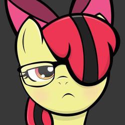 Size: 604x604 | Tagged: source needed, safe, artist:kloudmutt, edit, apple bloom, earth pony, pony, g4, alternate hairstyle, alternate mane color, apple bloom's bow, apple gloom, bow, bust, female, filly, frown, glasses, goth, gray background, hair bow, hair over one eye, hipster, looking at you, portrait, simple background, solo