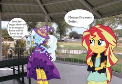 Size: 900x617 | Tagged: safe, artist:knightridergirl80, sunset shimmer, trixie, equestria girls, g4, equestria girls in real life, out of character