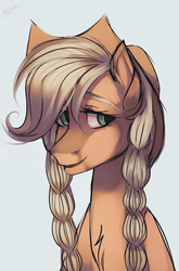 Size: 2193x3327 | Tagged: safe, artist:orfartina, applejack, earth pony, pony, g4, braid, chest fluff, cowboy hat, female, gray background, hat, high res, mare, simple background, solo, stetson