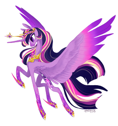 Size: 750x800 | Tagged: safe, artist:creeate97, twilight sparkle, alicorn, pony, g4, alternate design, crown, female, flying, jewelry, large wings, mare, rainbow power, regalia, simple background, smiling, solo, twilight sparkle (alicorn), white background, wings