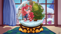 Size: 3840x2160 | Tagged: safe, artist:pirill, pinkie pie, earth pony, pony, g4, :p, christmas, christmas lights, christmas sweater, christmas tree, clothes, curtains, cute, diapinkes, female, high res, holiday, looking up, raised hoof, smiling, snow, snow globe, solo, stockings, sweater, thigh highs, tongue out, tree, window