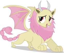 Size: 1916x1590 | Tagged: safe, artist:punzil504, fluttershy, manticore, g4, cowardly lion, fangs, female, flutterbat, horns, red eyes, simple background, solo, species swap, the wizard of oz, transparent background, vector