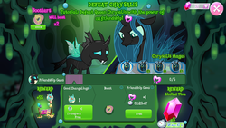 Size: 1136x640 | Tagged: safe, gameloft, cornicle, fluttershy, queen chrysalis, thorax, changeling, g4