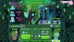 Size: 1136x640 | Tagged: safe, gameloft, barren hymn, cornicle, double diamond, night glider, party favor, queen chrysalis, thorax, changedling, changeling, g4