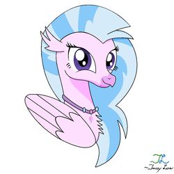 Size: 2160x2160 | Tagged: safe, artist:speedy1369, silverstream, classical hippogriff, hippogriff, g4, school daze, bust, female, high res, jewelry, looking at you, necklace, signature, simple background, smiling, solo, white background, wings