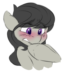 Size: 909x1035 | Tagged: safe, artist:drizziedoodles, octavia melody, earth pony, pony, g4, blushing, eyes on the prize, female, floppy ears, hoof on chin, lip bite, mare, nervous, simple background, solo, white background