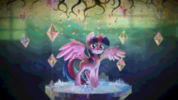 Size: 1920x1080 | Tagged: safe, artist:dawnfire, artist:imiokun, twilight sparkle, alicorn, pony, g4, 16:9, abstract background, absurd file size, absurd gif size, animated, blinking, chandelier, colored pupils, cute, cutie map, depth of field, female, gif, golden oaks chandelier, looking at you, mare, solo, spread wings, tree of memories, twilight sparkle (alicorn), upscaled, wings