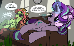 Size: 3600x2229 | Tagged: safe, artist:1trick, artist:dwk, starlight glimmer, tree hugger, earth pony, pony, unicorn, g4, anime, beanie, bloodshot eyes, blunt, bong, bottle, chicken tenders, clock, clothes, couch, drugs, duo, equestria girls outfit, female, glowing, glowing horn, hat, high, high res, horn, joint, levitation, magic, mare, marijuana, ponies eating meat, senpai, smoking, stoned, telekinesis, tree stoner