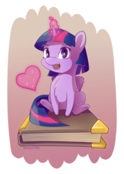 Size: 1429x2000 | Tagged: safe, artist:batonya12561, twilight sparkle, alicorn, pony, g4, alternate hairstyle, book, bookhorse, chest fluff, chibi, cute, female, glowing horn, heart, horn, looking at you, magic, mare, open mouth, short mane, simple background, sitting, smiling, solo, that pony sure does love books, tiny ponies, twiabetes, twilight sparkle (alicorn)