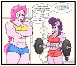 Size: 1359x1162 | Tagged: safe, artist:matchstickman, sugar belle, oc, oc:honey suckle, oc:honey suckle (flicker-show), earth pony, unicorn, anthro, g4, abs, anthro oc, barbell, biceps, breasts, busty sugar belle, clothes, deltoids, dialogue, duo, female, gym uniform, mare, muscles, muscular female, not pinkie pie, sports bra, sugar barbell, sweatdrop, weight lifting, weights