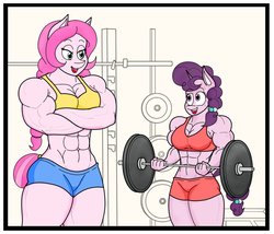 Size: 1359x1162 | Tagged: safe, alternate version, artist:matchstickman, sugar belle, oc, oc:honey suckle, oc:honey suckle (flicker-show), earth pony, unicorn, anthro, g4, abs, anthro oc, barbell, biceps, breasts, busty sugar belle, clothes, deltoids, duo, female, gym uniform, mare, muscles, no dialogue, not pinkie pie, sports bra, sugar barbell, sweatdrop, textless version, weight lifting, weights