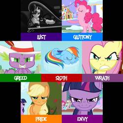 Size: 960x960 | Tagged: safe, artist:twilightsporckle, edit, screencap, applejack, fluttershy, pinkie pie, princess celestia, rainbow dash, rarity, spike, twilight sparkle, alicorn, dragon, earth pony, pegasus, pony, unicorn, a canterlot wedding, applebuck season, g4, hearth's warming eve (episode), putting your hoof down, rarity investigates, secret of my excess, the cutie pox, angry, apple, apple tree, arrogance, baby dragon, bags under eyes, claws, evil grin, female, fluttershy is not amused, folded wings, fur coat, gingerbread house, greed spike, grin, gritted teeth, male, mane seven, mane six, mare, multicolored mane, multicolored tail, pimp hat, pinkie being pinkie, ponytail, seven deadly sins, sin of envy, sin of gluttony, sin of greed, sin of lust, sin of pride, sin of sloth, sin of wrath, sleeping, smiling, smirk, snow, unamused, unicorn twilight, wall of tags