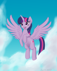 Size: 726x904 | Tagged: safe, artist:kota, twilight sparkle, alicorn, pony, g4, female, flying, mare, open mouth, signature, smiling, solo, spread wings, twilight sparkle (alicorn), wings