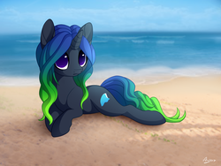 Size: 1600x1200 | Tagged: safe, artist:luminousdazzle, oc, oc only, pony, unicorn, beach, frown, lying down, no pupils, solo