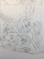 Size: 1536x2048 | Tagged: safe, artist:andy price, idw, coco pommel, fluttershy, rarity, g4, spoiler:comic, spoiler:comic64, 2018, butt touch, comic, hoof on butt, monochrome, pushing, rump push, sketch, traditional art, trio, wip