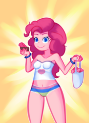 Size: 1152x1584 | Tagged: safe, artist:drantyno, pinkie pie, human, equestria girls, g4, armpits, bag, belly button, breasts, clothes, cupcake, female, food, frilly underwear, panties, smiling, solo, striped underwear, tube top, underwear