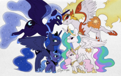 Size: 1200x748 | Tagged: safe, artist:sugasnaps, daybreaker, nightmare moon, princess celestia, princess luna, g4, cewestia, ethereal mane, female, filly, filly luna, mane of fire, pink-mane celestia, signature, simple background, starry mane, white background, woona, younger