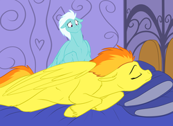 Size: 963x700 | Tagged: safe, artist:foxenawolf, fleetfoot, spitfire, pegasus, pony, g4, bed, bedroom, commission, duo, female, floppy ears, mare, sleeping, unshorn fetlocks