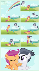 Size: 1920x3484 | Tagged: safe, alternate version, artist:adcoon, edit, rumble, scootaloo, pegasus, pony, g4, blushing, buzzing wings, colt, female, filly, flying, foal, helping, kiss on the lips, kissing, male, rainbow, scootaloo can't fly, ship:rumbloo, shipping, show accurate, straight, wings