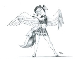 Size: 1500x1177 | Tagged: safe, artist:baron engel, songbird serenade, pegasus, anthro, unguligrade anthro, g4, my little pony: the movie, bow, breasts, clothes, female, grayscale, hair bow, mare, microphone, midriff, monochrome, pencil drawing, simple background, singing, skirt, solo, traditional art, white background