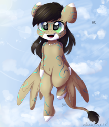 Size: 3000x3500 | Tagged: safe, artist:donutnerd, oc, oc only, oc:rune, pegasus, pony, cloud, female, flying, happy, high res, mare, raised hoof, runes, sky, smiling, solo