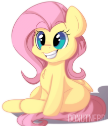 Size: 1923x2247 | Tagged: safe, artist:donutnerd, fluttershy, pegasus, pony, g4, chest fluff, cute, female, happy, raised eyebrows, shyabetes, simple background, sitting, smiling, solo, transparent background, weapons-grade cute, wings