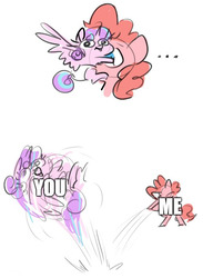 Size: 500x682 | Tagged: safe, artist:nobody, edit, pinkie pie, princess flurry heart, pony, g4, the crystalling, ..., :p, :t, abuse, bipedal, eye poke, eye scream, flurrybuse, image macro, me vs you, meme, simple background, sketch, spread wings, throwing, tongue out, white background, wide eyes, wings