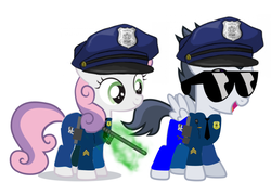 Size: 800x539 | Tagged: safe, artist:jawsandgumballfan24, rumble, sweetie belle, pony, g4, clothes, colt, cute, female, filly, male, necktie, nightstick, police badge, police hat, police uniform, ship:rumbelle, shipping, simple background, straight, sunglasses, taser, white background