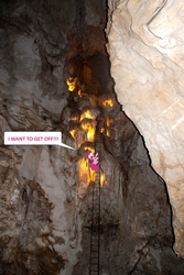 Size: 1066x1600 | Tagged: safe, artist:didgereethebrony, pinkie pie, g4, australia, dialogue, female, jenolan caves, ladder, scared, screaming, solo