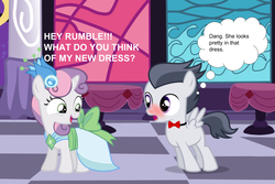 Size: 800x533 | Tagged: safe, artist:jawsandgumballfan24, rumble, sweetie belle, pony, g4, blushing, bowtie, clothes, colt, dialogue, dress, female, filly, gala, gala dress, male, ship:rumbelle, shipping, straight