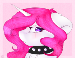 Size: 3418x2649 | Tagged: safe, artist:doux-ameri, oc, oc only, oc:button love, pony, unicorn, bust, choker, female, high res, mare, portrait, solo, spiked choker