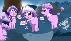 Size: 3114x1795 | Tagged: safe, artist:binkyt11, artist:dragonpone, color edit, derpibooru exclusive, edit, starlight glimmer, bird, mushroom pony, original species, adorawat, blushing, bush, colored, crepuscular rays, cute, dialogue, fungus, glimmerbetes, glumshroom, happy, looking at each other, looking up, meme, micro, multeity, mushroom, open mouth, rock, size difference, smiling, speech bubble, starlight cluster, sun, tree, wat, wow, wow! glimmer