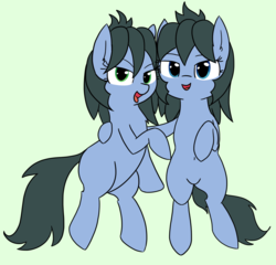 Size: 1722x1650 | Tagged: safe, artist:wafflecakes, oc, oc only, oc:abstract module, oc:reflect decrypt, earth pony, pony, duo, female, green background, incest, looking at you, mare, simple background, smiling, tongue out, twincest, twins