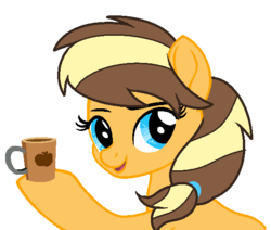 Size: 556x472 | Tagged: safe, artist:rainbows-skies, oc, oc only, oc:apple flower, earth pony, pony, cup, female, mare, offspring, parent:applejack, parent:caramel, parents:carajack, simple background, solo, transparent background