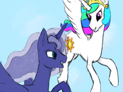 Size: 4000x3000 | Tagged: safe, princess celestia, princess luna, g4, colored, colored sketch, flat colors, flying, looking at each other, princess, sketch, sky, smiling
