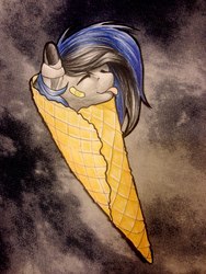 Size: 1536x2048 | Tagged: safe, artist:evakulisreal, oc, oc only, pony, :p, bandage, bandaid, colored eartips, eyes closed, food, ponies in food, pony in food, solo, tongue out, traditional art, waffle, waffle cone