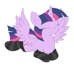 Size: 1616x1461 | Tagged: safe, artist:php66, twilight sparkle, alicorn, pony, g4, clothes, eyes closed, female, mare, simple background, socks, solo, spread wings, striped socks, twilight sparkle (alicorn), white background, wings