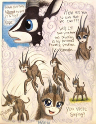 Size: 1052x1360 | Tagged: safe, artist:thefriendlyelephant, oc, oc only, oc:sabe, oc:uganda, antelope, giant sable antelope, comic:sable story, animal in mlp form, cloven hooves, comic, horns, memories, pronking, smiling, speed lines, thinking, thought bubble, traditional art