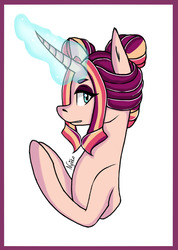 Size: 1422x1993 | Tagged: safe, artist:nyokoart, oc, oc only, oc:midnight abyss, pony, unicorn, curved horn, glowing horn, horn, looking at you, magical lesbian spawn, offspring, parent:starlight glimmer, parent:sunset shimmer, parents:shimmerglimmer, solo