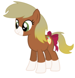 Size: 600x622 | Tagged: safe, artist:rainbows-skies, oc, oc only, oc:lucky apple, earth pony, pony, bow, coat markings, female, mare, offspring, parent:applejack, parent:trouble shoes, parents:troublejack, simple background, socks (coat markings), solo, tail bow, transparent background