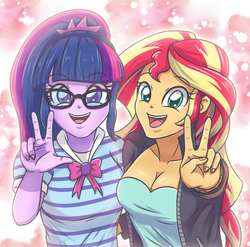 Size: 2514x2480 | Tagged: safe, artist:sumin6301, sci-twi, sunset shimmer, twilight sparkle, equestria girls, g4, bowtie, breasts, busty sunset shimmer, clothes, cute, dress, duo, female, glasses, high res, jacket, leather jacket, looking at you, peace sign, ponytail, shirt, smiling