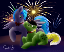 Size: 2100x1700 | Tagged: safe, artist:rudazmora, oc, oc only, earth pony, pegasus, pony, blue, cap, collar, couple, female, fireworks, gray, green, happiness, hat, male, mare, new year, stallion, tongue out, yellow