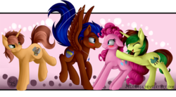 Size: 5787x3193 | Tagged: safe, artist:julunis14, pinkie pie, oc, oc:nimble wing, oc:northern spring, oc:spectrum lighting, earth pony, pegasus, pony, unicorn, g4, blushing, boop, canon x oc, eyes closed, female, forced shipping, freckles, group, imminent kissing, jewelry, male, necklace, noseboop, pushing, shipper on deck, shipping, simple background, transparent background, ych result