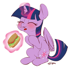 Size: 1005x984 | Tagged: safe, artist:sion, twilight sparkle, alicorn, pony, blushing, burger, cute, eating, eyes closed, female, food, glowing horn, hay burger, ketchup, magic, mare, sauce, simple background, sitting, solo, telekinesis, that pony sure does love burgers, twilight burgkle, twilight sparkle (alicorn), white background