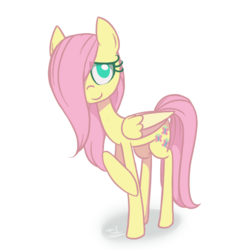 Size: 512x512 | Tagged: safe, artist:awesomeguywhoop, fluttershy, pegasus, pony, g4, female, folded wings, hair over one eye, looking away, looking up, raised hoof, simple background, smiling, solo, standing, white background, wings, younger