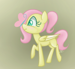 Size: 624x576 | Tagged: safe, artist:awesomeguywhoop, fluttershy, butterfly, pegasus, pony, g4, blank flank, female, filly, folded wings, gradient background, insect on nose, looking at something, profile, raised hoof, smiling, solo, younger