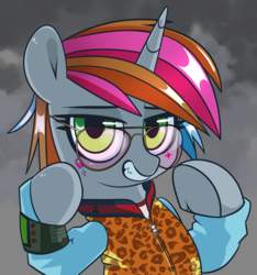 Size: 1804x1924 | Tagged: safe, artist:php69, oc, oc only, oc:littlepip, pony, unicorn, fallout equestria, clothes, dye, dyed mane, fanfic, fanfic art, female, glasses, hooves, horn, looking at you, mare, pipbuck, solo, sunglasses, tattoo, teeth