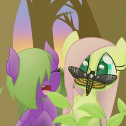 Size: 512x512 | Tagged: safe, artist:awesomeguywhoop, fluttershy, oc, death's-head hawkmoth, moth, pegasus, pony, g4, duo, female, filly, forest, insect on nose, looking at something, smiling, wide eyes, younger