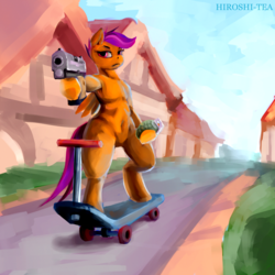Size: 1280x1280 | Tagged: safe, artist:hiroshi-tea, scootaloo, semi-anthro, g4, armpits, dexterous hooves, female, grenade, gun, handgun, older, scooter, solo, traditional art, wat, watercolor painting, weapon